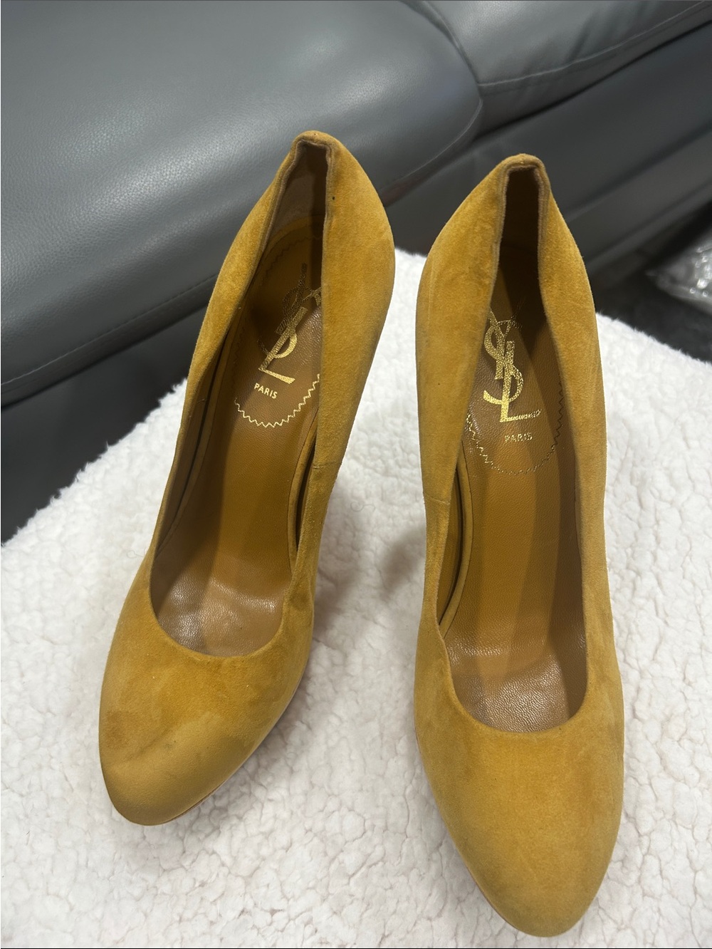 Yves Saint Laurent Mustard Suede Platform Pumps